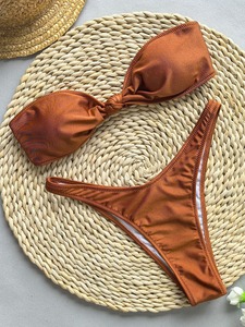Factory Direct Skin-Friendly Women's 2 Piece Set Twist Front <strong>Bandeau</strong> <strong>Top</strong> &amp; High Cut Bottoms Swimwear for Pool Beach Sexy Bikini - Product Image 3