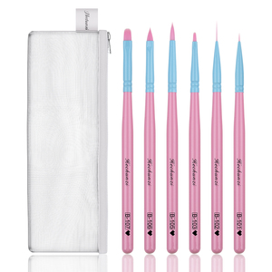 Ensemble de 6 pinceaux professionnels pour nail art, manche en bois, poils synthétiques rose-bleu, ombré, logo personnalisé, pour la conception de lignes et le nail art 3D - Product Image 1