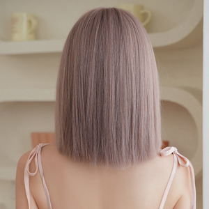 Ainizi Nouvelle perruque synthétique de style coréen 34 cm, coupe courte bob avec frange, rose poudré et brun, tendance pour femmes - Product Image 5