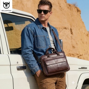 Maletín de cuero para hombre marca BULLCAPTIAN, multifuncional, de gran capacidad, bandolera, de piel de vacuno de primera capa, para portátil. - Product Image 2
