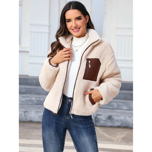 Vêtements chauds pour femmes automne-hiver, veste en polaire surdimensionnée, veste décontractée quotidienne polyvalente, veste à blocs de couleur avec fermeture éclair - Product Image 1
