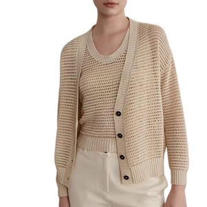 <span class=keywords><strong>Cardigan</strong></span> en <span class=keywords><strong>maille</strong></span> tricotée légère et respirante à col en V ajouré à manches longues pour femme – Vente en gros personnalisée - Product Image 1