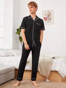 Camicie da <span class=keywords><strong>uomo</strong></span> a maniche corte da notte da <span class=keywords><strong>uomo</strong></span> all'ingrosso con pantaloni Set da <span class=keywords><strong>pigiama</strong></span> da <span class=keywords><strong>uomo</strong></span> classico in cotone da salotto - Product Image 3