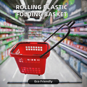 Rolling <b>Plastic</b> Folding Shopping <b>Basket</b> With 2 Handles Eco Friendly Red Color - Product Image 2