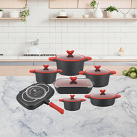 Panci saus memasak dapur warna hitam mewah dan wajan penggorengan ganda anti lengket Die Casting 14 buah Set peralatan masak aluminium