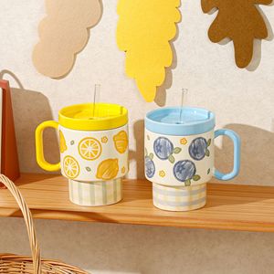 500ml Large Water Cup Cute Fruit Ceramic Mugs with Lids and Straw - Product Image 6