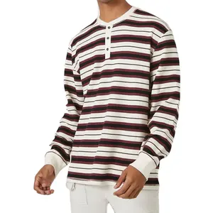 Cotton Long Sleeve T-shirt For Men Oversize Custom Logo Yarn-Dyed Striped Henley Tee
