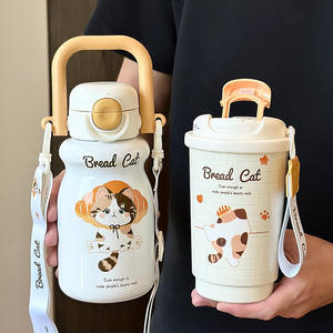 Bread Cat Insulated Round <b>Water</b> <b>Bottle</b> 316 Stainless Steel <b>with</b> Handle and <b>Straw</b> for Students Coffee Lovers & Back to School - Product Image 1
