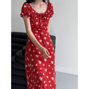 Vestido Largo de Verano Estilo Francés Vintage Luxi, con Estampado Floral, Corte en A, Cintura Ajustada con Cordón - Product Image 2