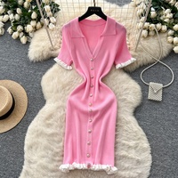 Nouvelle robe mini d'été pour femmes, col rabattu, manches courtes, boutons décoratifs, robe en tricot