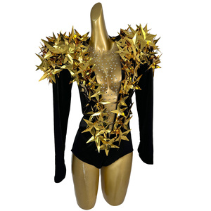 Tute con Paillettes e Strass Gold Star per Donne, Abiti da Club Notturno, Body Intero per Cantanti, Showgirl, Outfit da Festival, Tute da Ballerina - Product Image 2
