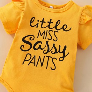Conjunto de Ropa para Bebé Niña Recién Nacida, Amarillo, Tres Piezas, Estampado de Letras, Manga Corta, Estilo Casual para Verano - Product Image 6