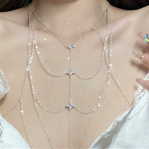 Chaîne de corps à pampilles multicouches chaîne de poitrine en strass zircon chaîne de cou collier de fête accessoires féminins - Product Image 2