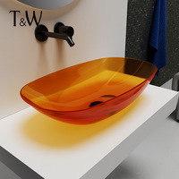 Lavabo artistique transparent ovale de luxe léger en résine colorée, petite taille, à poser sur comptoir, sans trou pour robinet
