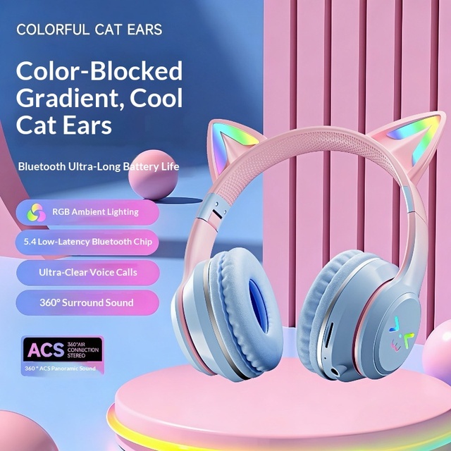 Wireless Cat Ear Headphones BT618 for 5.4 Active Noise Cancellation (ANC) RGB Breathing Lamp Life Waterproof Mobile Phone