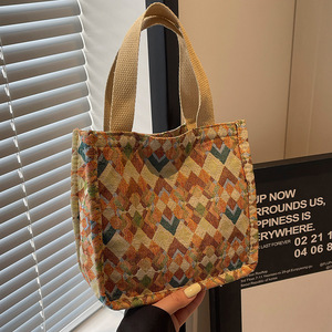 Sac fourre-tout grande capacité en coton et lin, motif floral coréen, style INS, pour boîte à lunch portable - Product Image 5