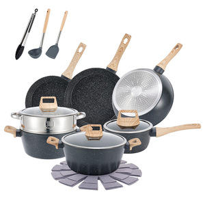 Cảm ứng-dưới nhiệt-chịu mài mòn 17-Piece <span class=keywords><strong>Cookware</strong></span> <span class=keywords><strong>Set</strong></span> tay cầm bằng gỗ nhiều lớp cơ sở lò an toàn máy rửa chén an toàn Chảo chậu - Product Image 6