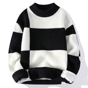 Men's Hong Kong Style Casual <b>Padded</b> Knitted Winter Warm Breathable Pullover Jacket Weave Neck Contrast Color Patchwork Pattern - Product Image 2