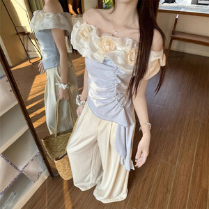 Camiseta Floral Tejida con Hombros Descubiertos para Mujer, Holgada, Transpirable, para Uso Diario, Color Albaricoque y Azul - Product Image 4