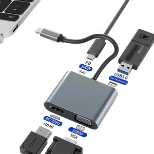 Dock Ekspansi Yang Kompatibel dengan Usb, Stasiun Dok Adaptor Vga Pd Mini dan Portabel 4 In 1 Usb-c Ke 4K