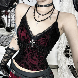 Gothic Punk Grunge hairy Core <span class=keywords><strong>estetica</strong></span> Y2k abbigliamento gotico maglia di pizzo Halloween a maniche corte camicie Sexy con spalline sottili - Product Image 6