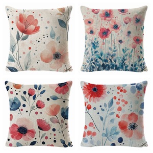 Housse de coussin florale 45x45 cm carrée en lin lavable, ensemble de 4 pour la décoration de la maison - Product Image 1