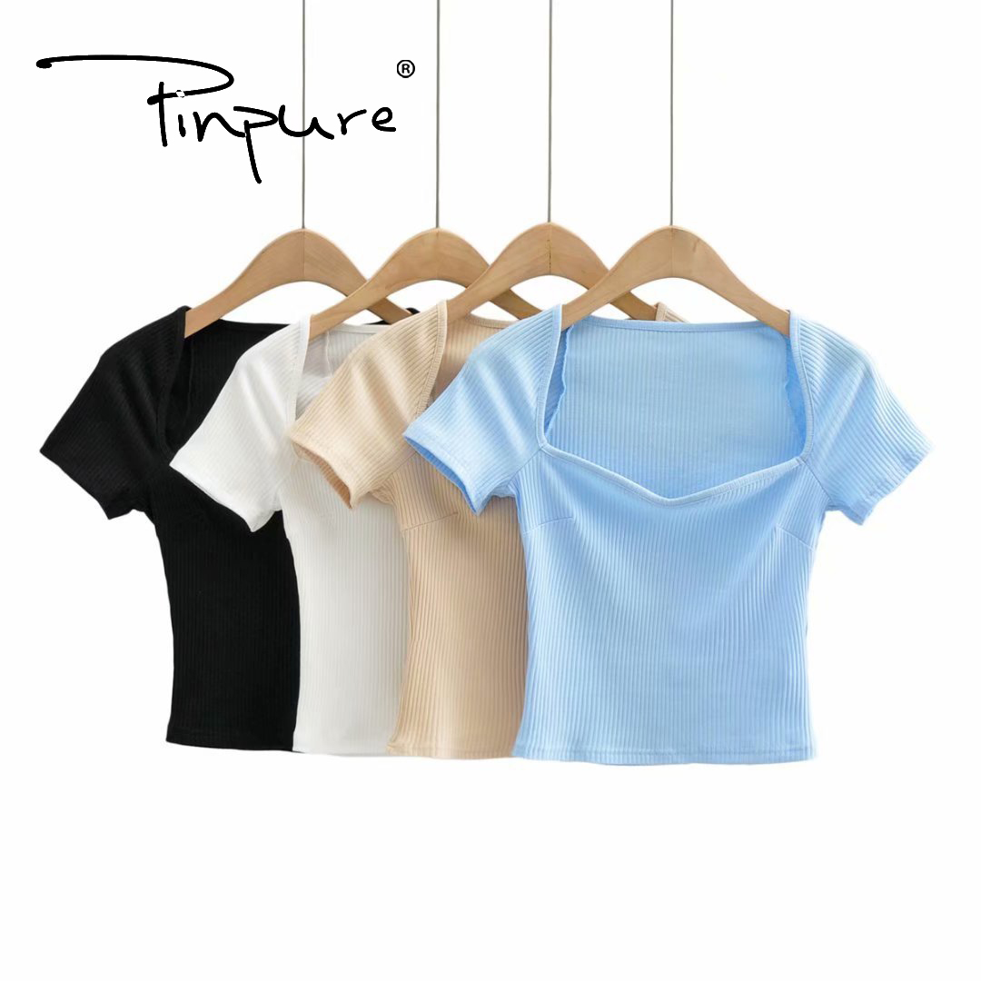 R51406S летняя Новинка 2021 Женская модная однотонная облегающая футболка с коротким рукавом и воротником-лепестком