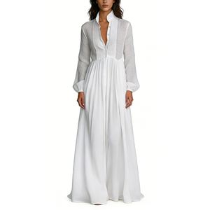 Abito Lungo da <span class=keywords><strong>Donna</strong></span> Bianco con Collo alla Coreana - Maniche Lunghe, Bottoni Frontali, Plissettato, Stile Boho, Abbigliamento Femminile, Vestiti da <span class=keywords><strong>Donna</strong></span> Sehe Fashion - Product Image 1