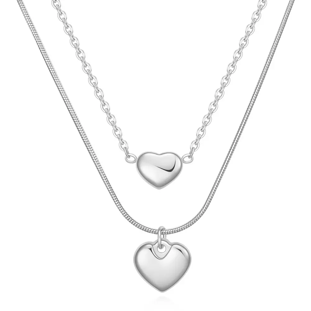 Dainty 18K Gold Plated Snake Bone 2 Layered Chain Initial Peach Heart Necklace Waterproof Jewelry Set