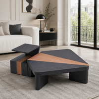 Table basse de designer italien postmoderne créative, en placage de bois de forme géométrique irrégulière, bicolore, avec rangement à deux niveaux