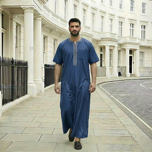 Muslim Thobe For Men Printed Robe Kaftan V Neck Casual