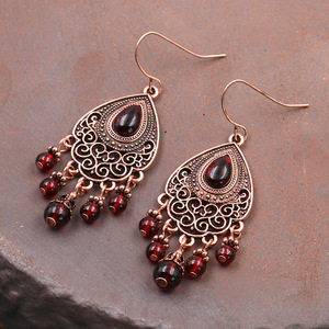 Vintage Alloy Drop <b>Earrings</b> <b>Red</b> Stone Bezel Setting Antique Bronze Plated Women's Party Jewelry Geometric Design - Product Image 2