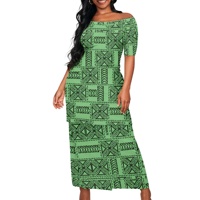 Vestido Samoano Puletasi Estilo Tapa Polinesio Verde Vintage para Mujer, Vestido de Fiesta de Un Hombro, Conjuntos de Top y Falda Tallas Grandes