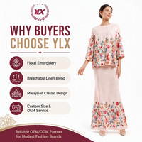 Ensemble Baju Kurung brodé de fleurs roses sur mesure, manches longues, robe modeste pour femmes musulmanes, OEM Malaisie