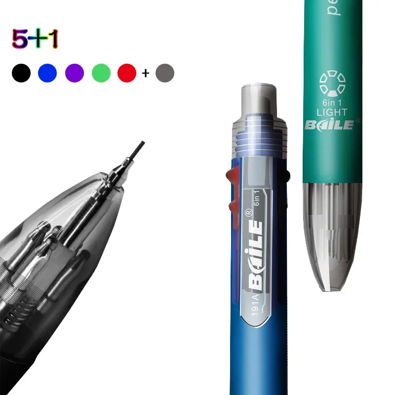 6 In 1 pulpen multiwarna 5 pena bola warna 1 pensil otomatis dengan penghapus untuk perlengkapan alat tulis kantor sekolah