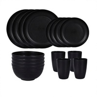 Ensemble de vaisselle écologique réutilisable et incassable de 16 pièces, assiettes, bols et tasses en paille de blé, ensemble de vaisselle moderne noir en boîte cadeau