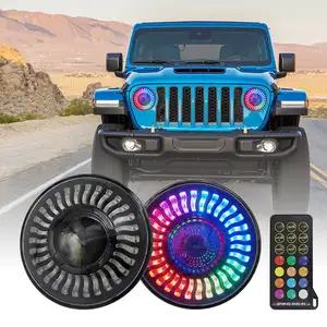 Conjunto de faróis de carro para motocicleta personalizado, faróis redondos de 7 polegadas RGB para Wrangler JK, farol alto e baixo, olhos de anjo