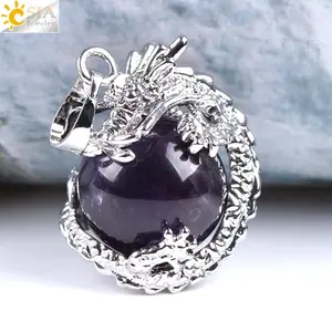 CSJA hot silver color dragon wrapped natural healing crystal stone rose quartz round ball pendant charms E852
