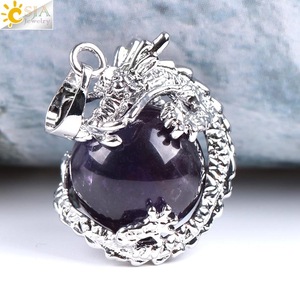 CSJA couleur argent chaud <span class=keywords><strong>Dragon</strong></span> enveloppé de pierre de cristal de guérison naturelle Quartz Rose boule ronde pendentif breloques E852 - Product Image 1