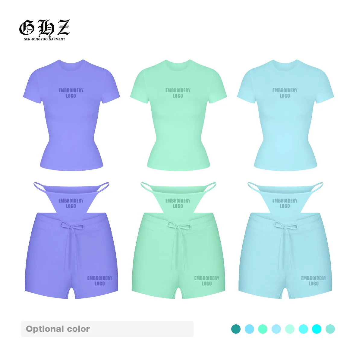 Z 2024 con logo personalizzato ricamato da donna loungewear canotta a maniche corte pantaloncini bikini a costine di cotone morbido set 3 pezzi