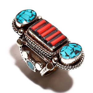 Bague en pierres précieuses corail turquoise naturel bague antique népalaise en argent tibétain fabricant de bijoux faits à la main - Product Image 3