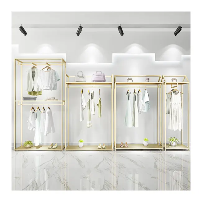 Estante de exhibición para tienda de ropa de estilo moderno, dorado, de pie, ligero, de lujo