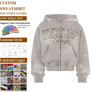 Hot Supplier Custom 420G Cotton French Terry Embroidery Rhinestone Cropped Boxy Streetwear <b>Vintage</b> Washed <b>Zip</b> <b>up</b> <b>Hoodie</b> for Mans - Product Image 1