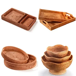 Natural Hand-Woven Rattan Fruit Tray Water Cup Teacup Tray Snacks Candy Dried Fruit Storage Tray Storage Basket Box