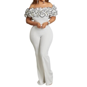 Combinaison moulante sexy à épaules dénudées avec volants en dentelle pour femme, couleur unie, tendance - Product Image 3