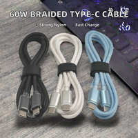 Câble de données tressé en nylon blanc, noir, bleu OEM/ODM, prend en charge la charge rapide 60W via Type-C, compatible avec OPPO/iPhone/Xiaomi