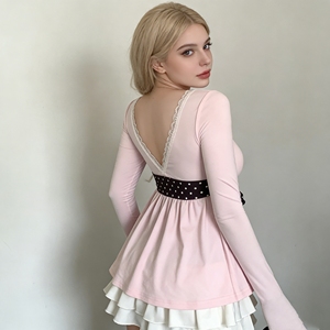 Pure Desire Sweet Polka Dot Top Dentelle Garniture Noeud Papillon Sangle Jeune Élégant A-Line T-shirt À Manches Longues - Product Image 6