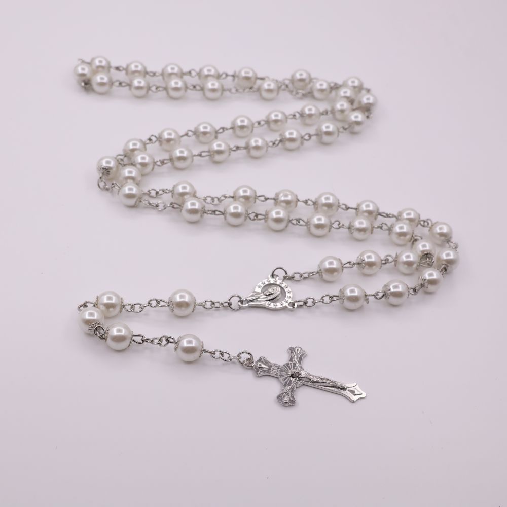 Collier Chapelet Catholique Perles Cristal Bleu - Chaîne Argent Croix Pendentif - Rosaire Prière 70 Cm