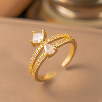 Bague à nœuds ouverte de style coréen avec oreilles de lapin mignonnes et design de feuille incrusté de pierres naturelles pour l'index des femmes
