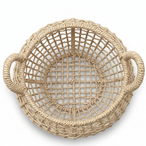 Open Weave Natural Water Hyacinth <b>Round</b> <b>Basket</b> with Handles, Decorative Boho <b>Wicker</b> Storage Bin for Living Room - Product Image 2